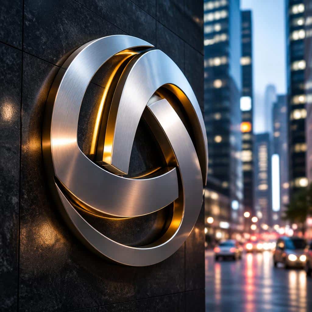 Srebrni logo advokatske kancelarije na zgradi u centru Beograda.